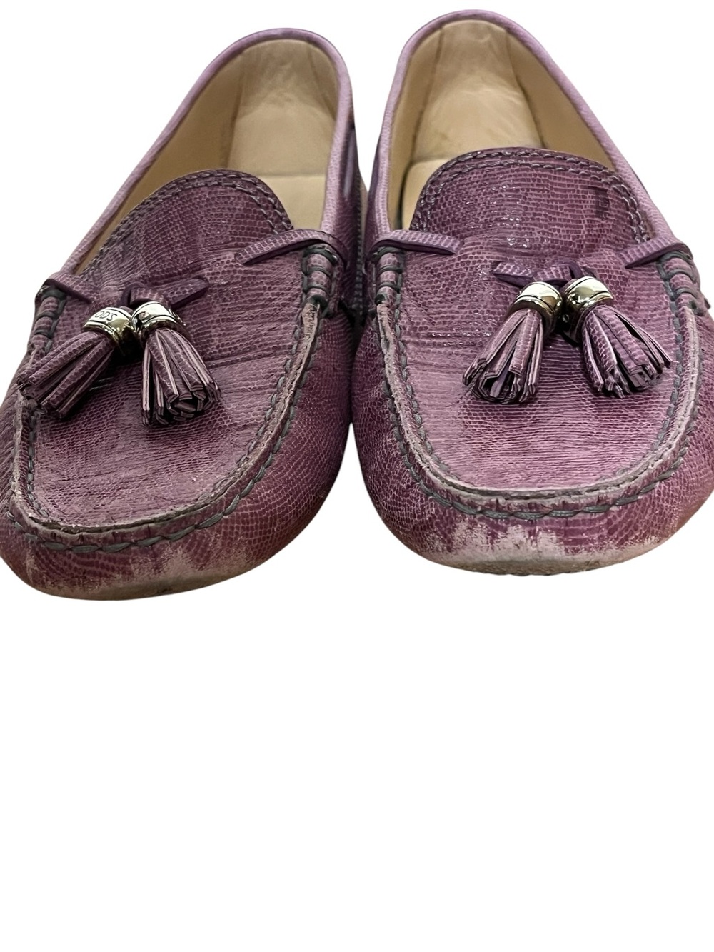 Tod's Gommino purple lizard-embossed leather tassel driving loafer moccasins 38 - Picture 5 of 16